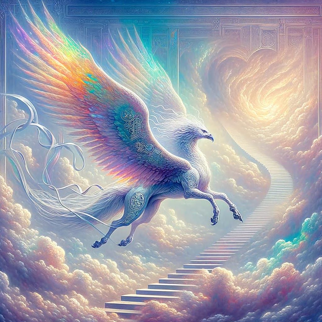 Spectral Gryphon Soaring Through Vaporwave Dreamscape