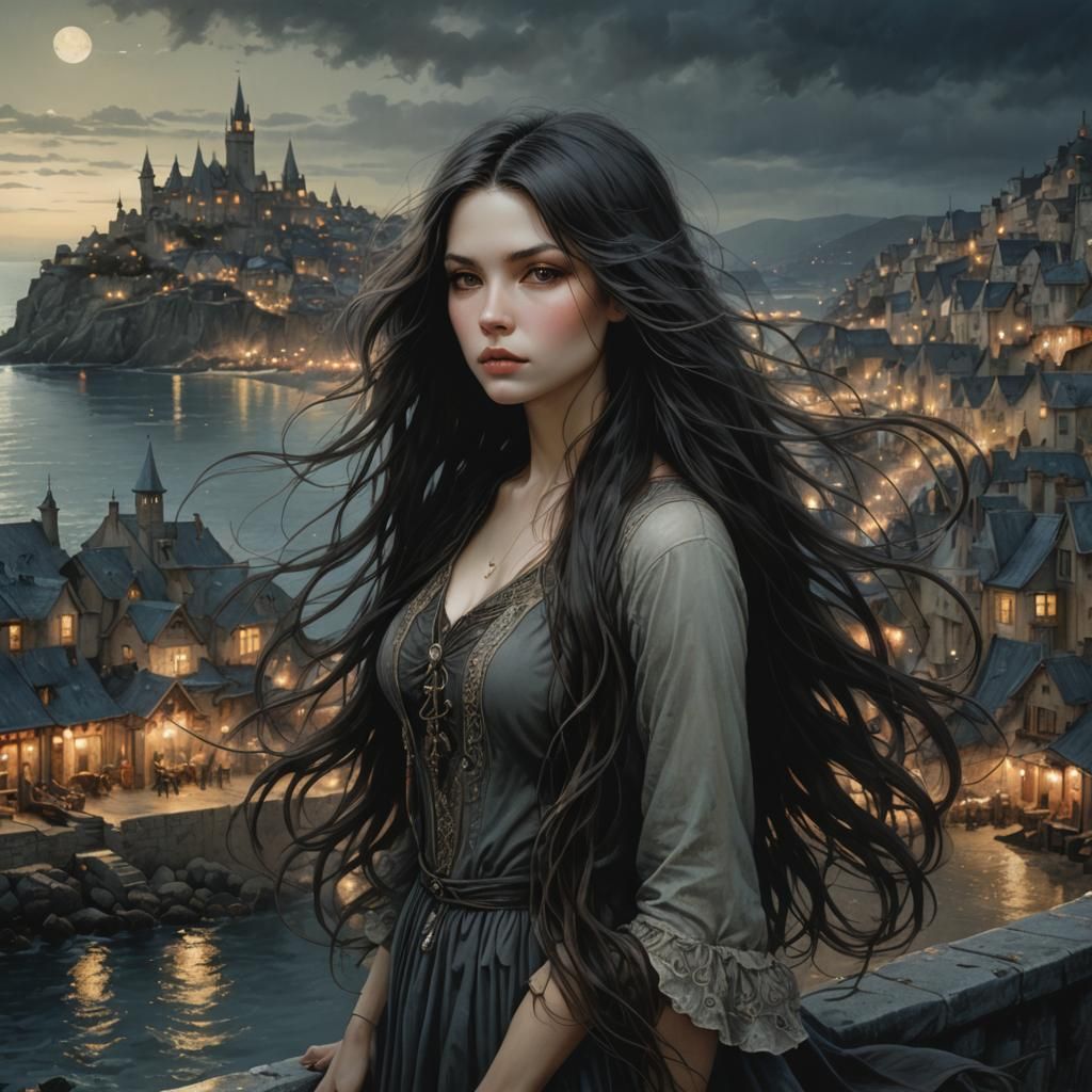 Seaside Woman with Flowing Hair in Fantasy Art Style