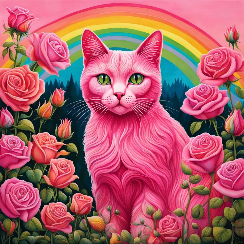 Pink cat in rose garden