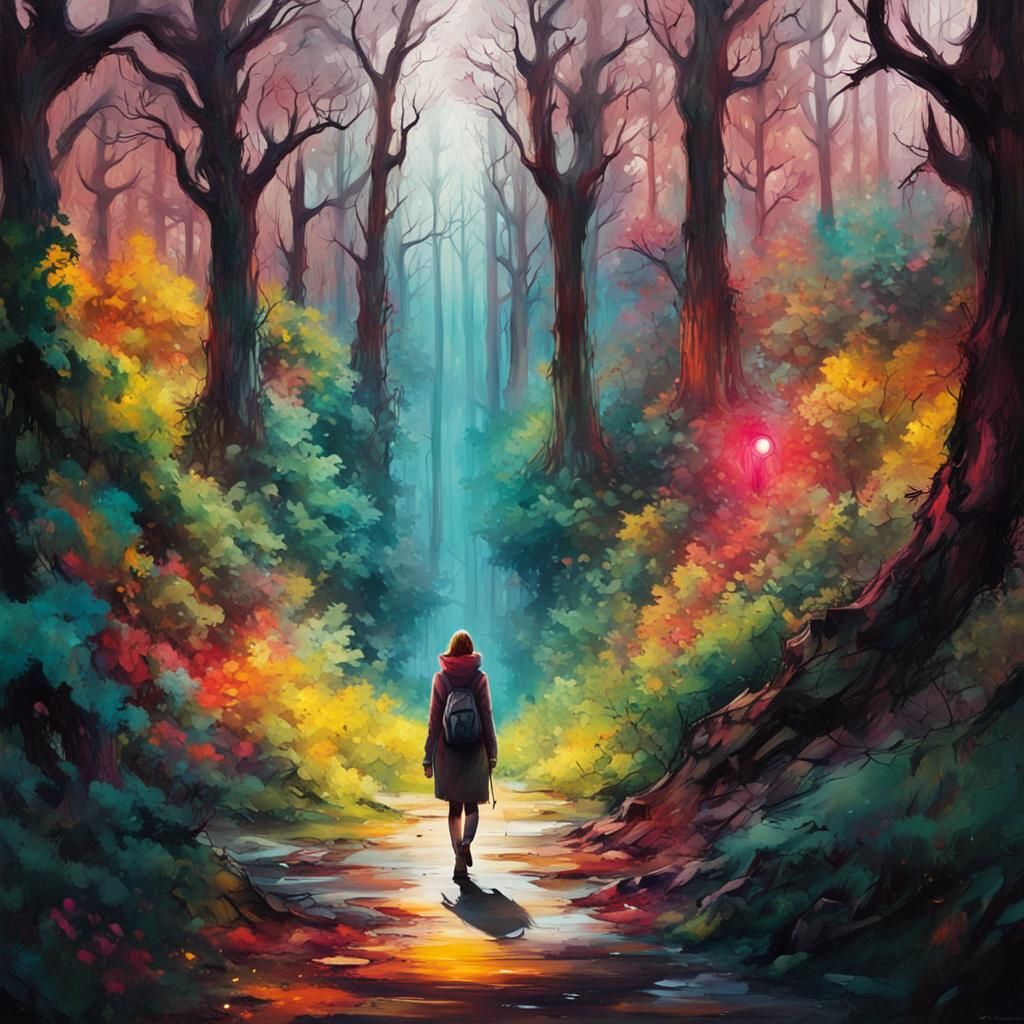 Woman's Forest Walk: Graffiti Art Style