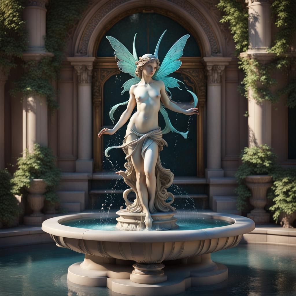 Art Nouveau Fairy Fountain in Hyperrealistic Splash Art