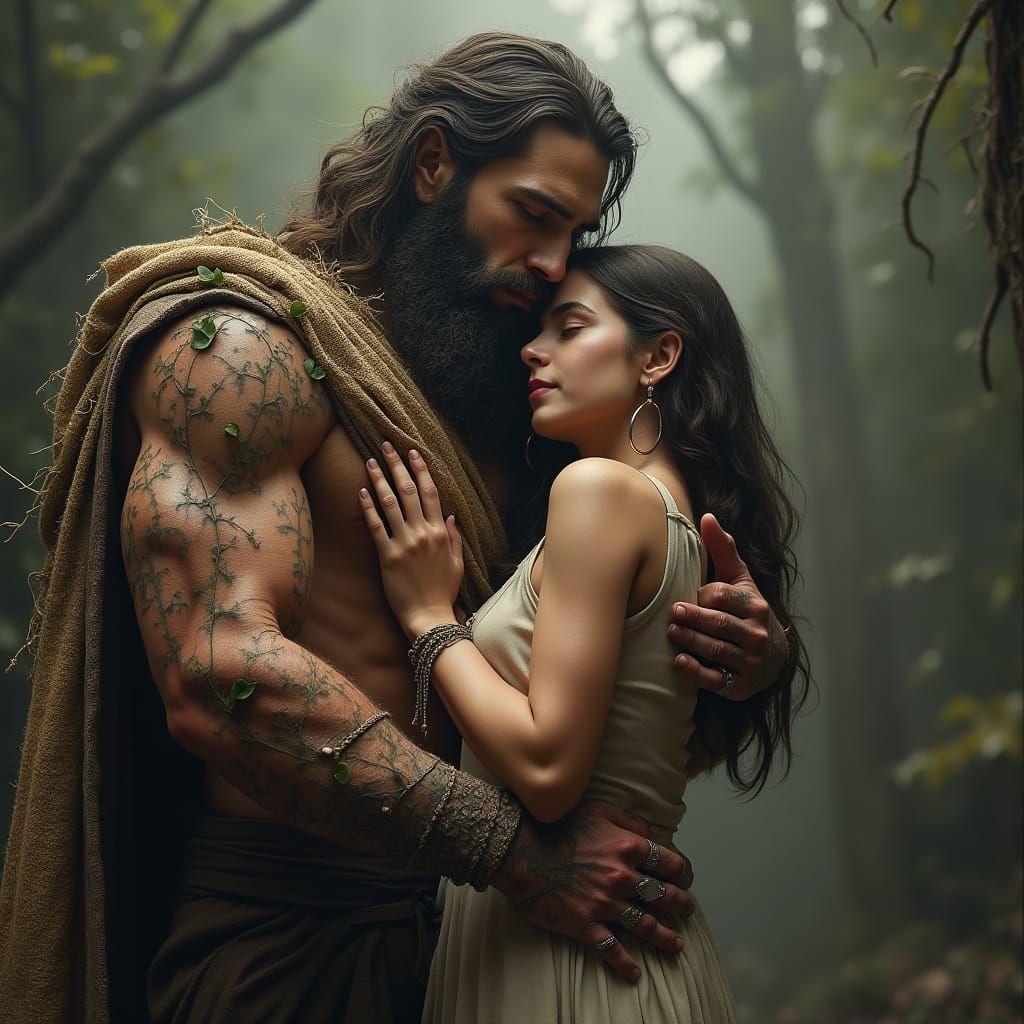 Mature Demigod Protects Vulnerable Woman in Hyperrealistic S...