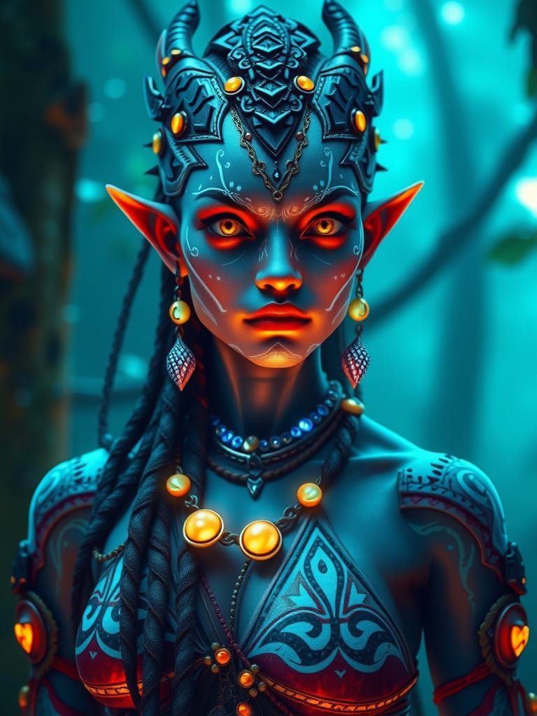 A Navi woman with iridescent, glimmering blue skin, adorned in intricately woven, organic attire crafted from natural fi...