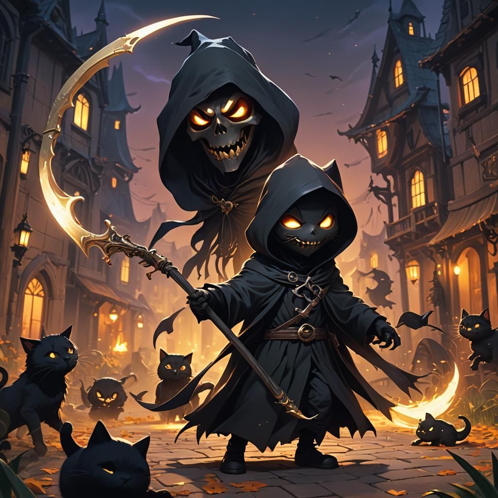 Cute Grim Reaper Plays with Black Cat in Anime Style