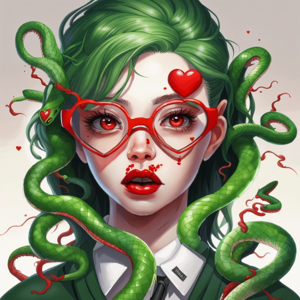 Medusa's Daughter with Heart Glasses: Hyperrealistic Art