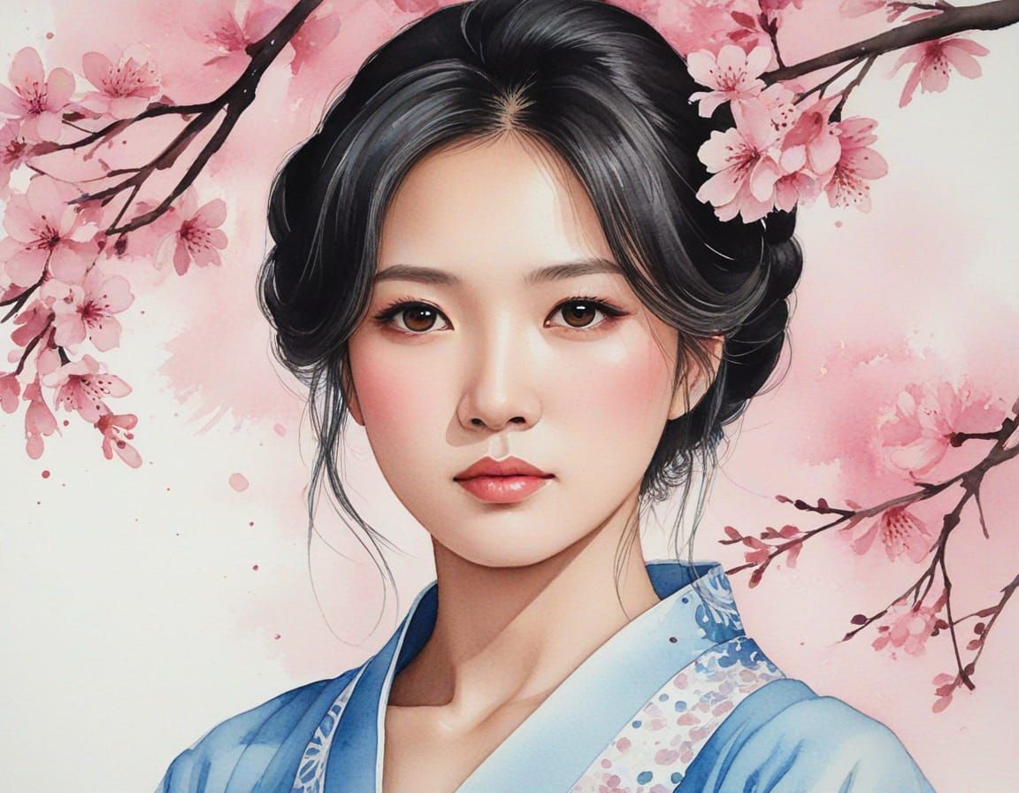 Watercolor Gisaeng Portrait with Cherry Blossoms