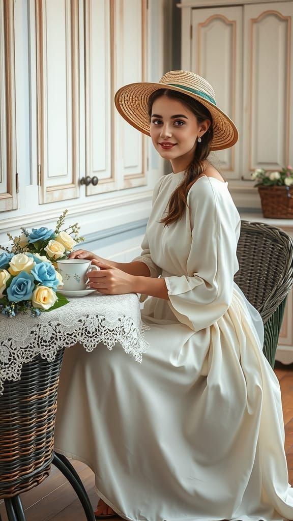 French Cafe Scene with Woman in Flowy Dress