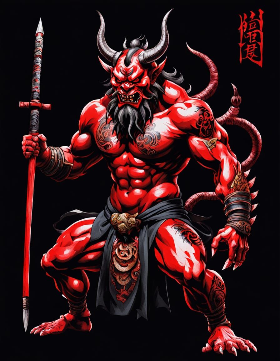 Fearsome Red Oni Devil with Tiger Pelt Loincloth and Iron Cl...
