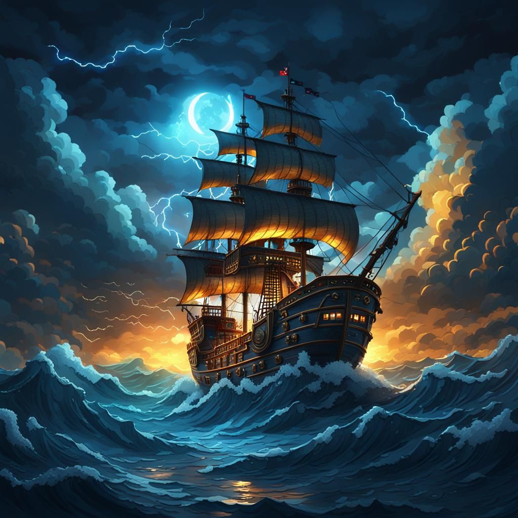Pixel Art Pirate Ship on Stormy Sea