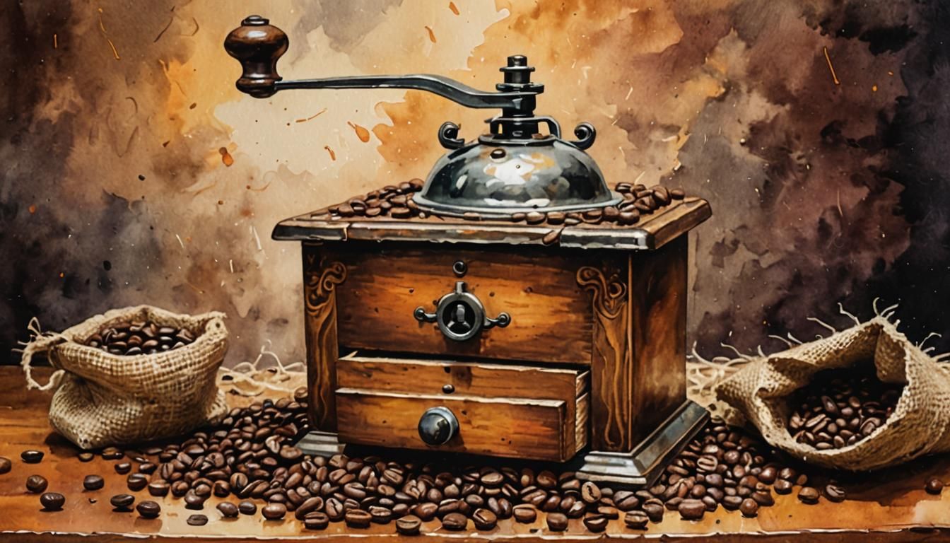 Vintage Coffee Grinder Still Life in Gouache Impressionism