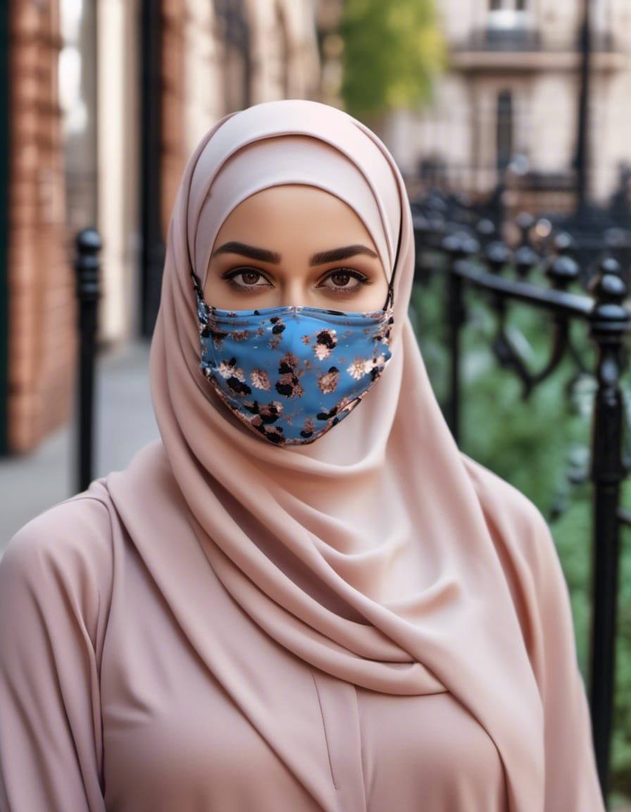 Beautiful Woman in Hijab and Mask Portrait