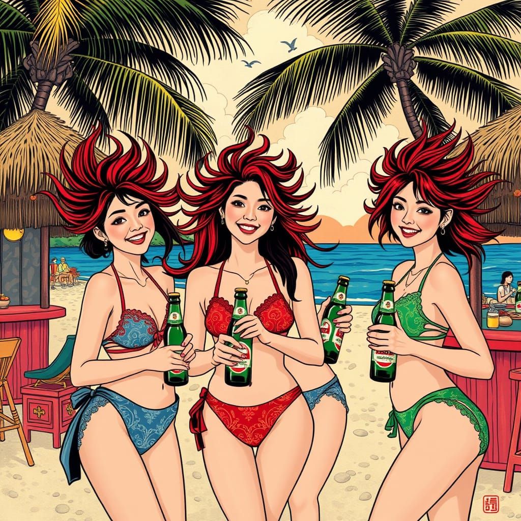 Smiling Women at Beach in Hokusai Ukiyo-e Style