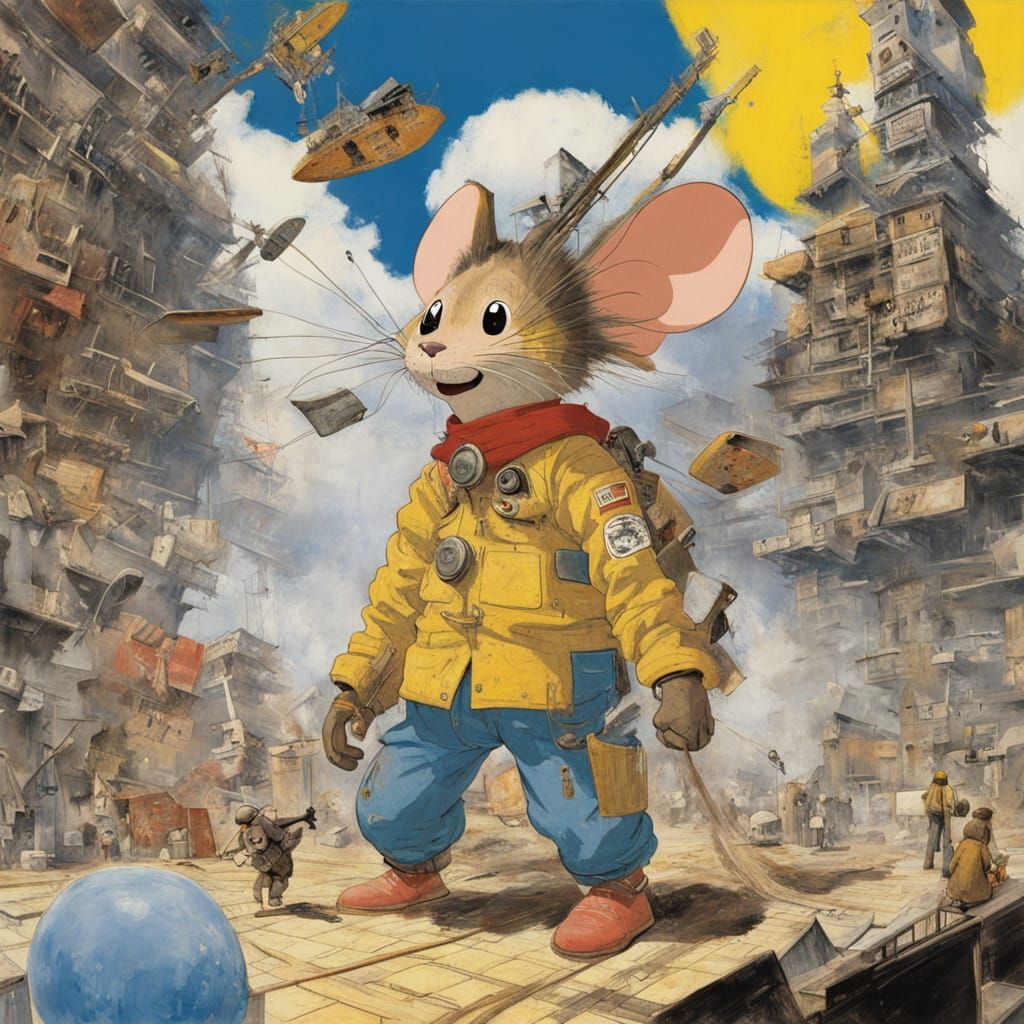 Anime Space Mousetrap Showdown in Rauschenberg Style