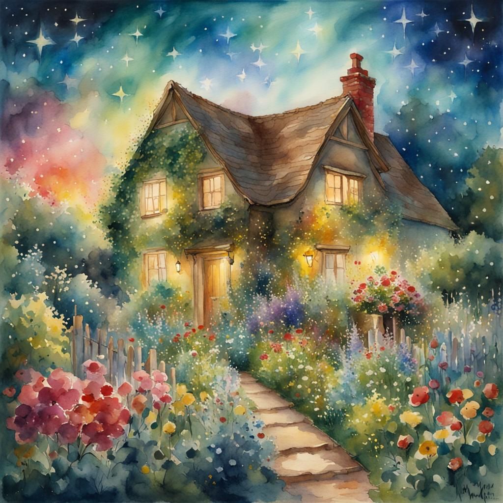 Starlit Wizard's Cottage Garden: Watercolor Impressionism