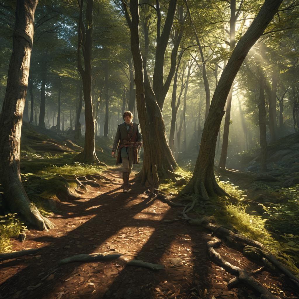 Merry and Pippin in Sunlit Forest, Fantasy Art