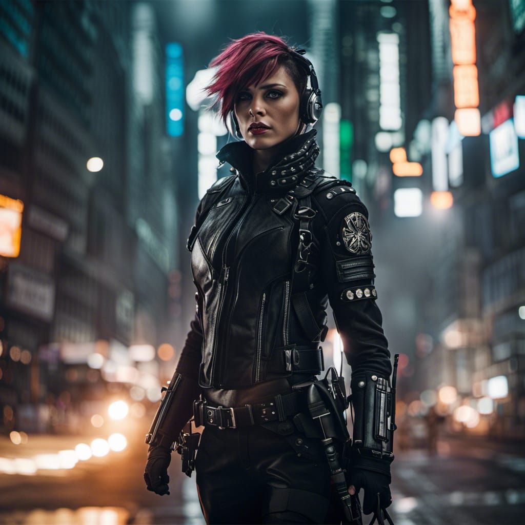 Cyberpunk Warrior in Rainy City Street