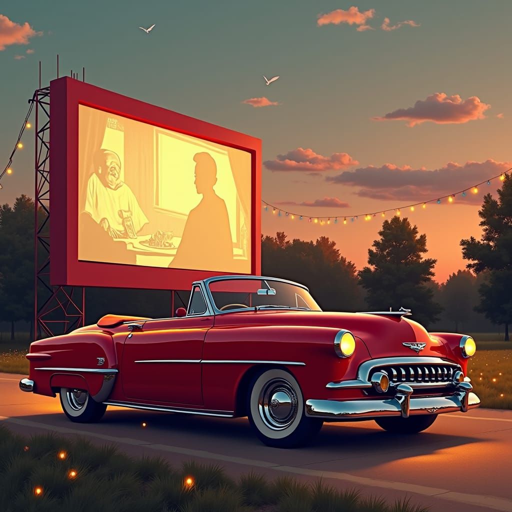 Retro Drive-In Movie Featuring Classic Convertible
