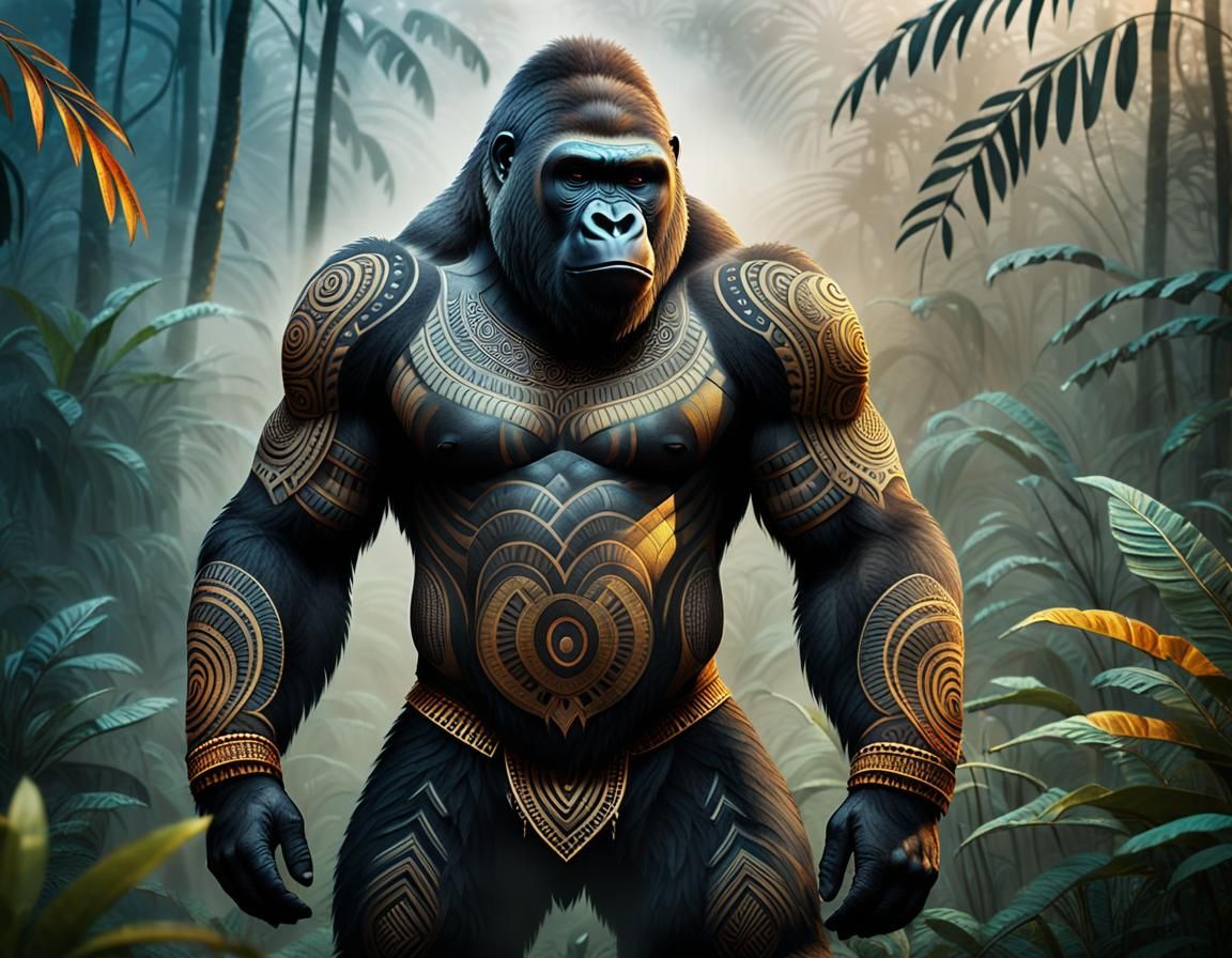 Gorilla with Tribal Patterns in Misty Jungle