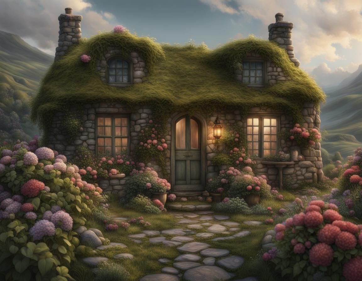 Cottagecore Stone Cottage Bedroom with Flowers