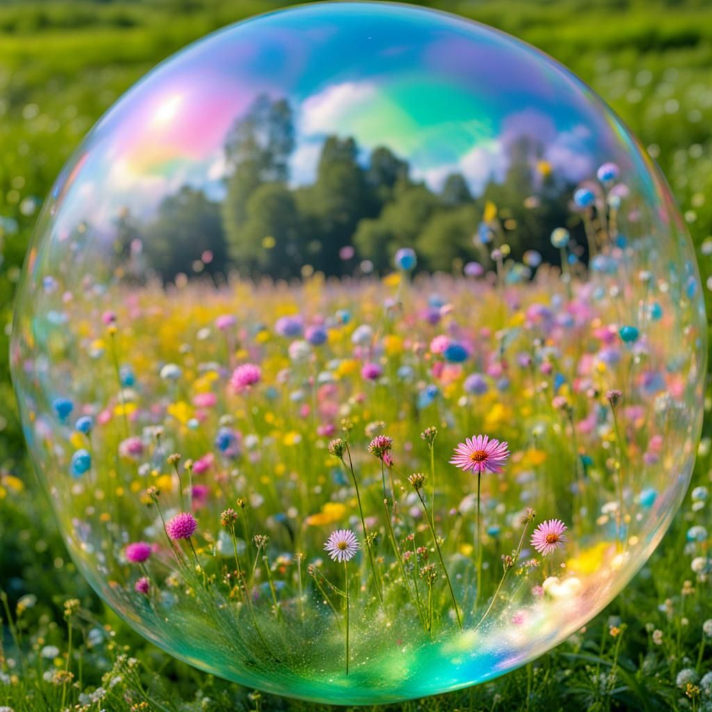 Irredescense: flowery irredecent meadow as seen through an irredescent soapbubble