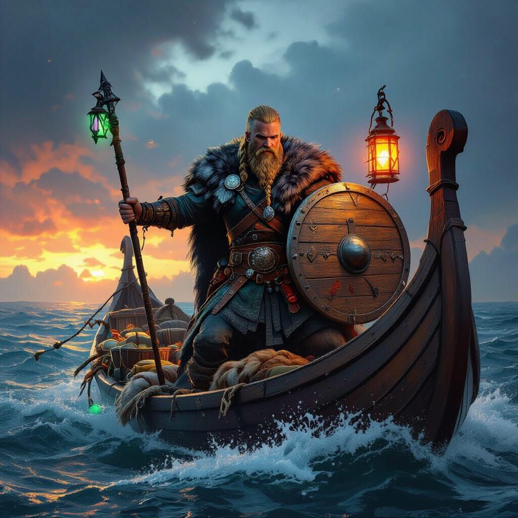 Viking Warrior on Stormy Sea with Trade Goods