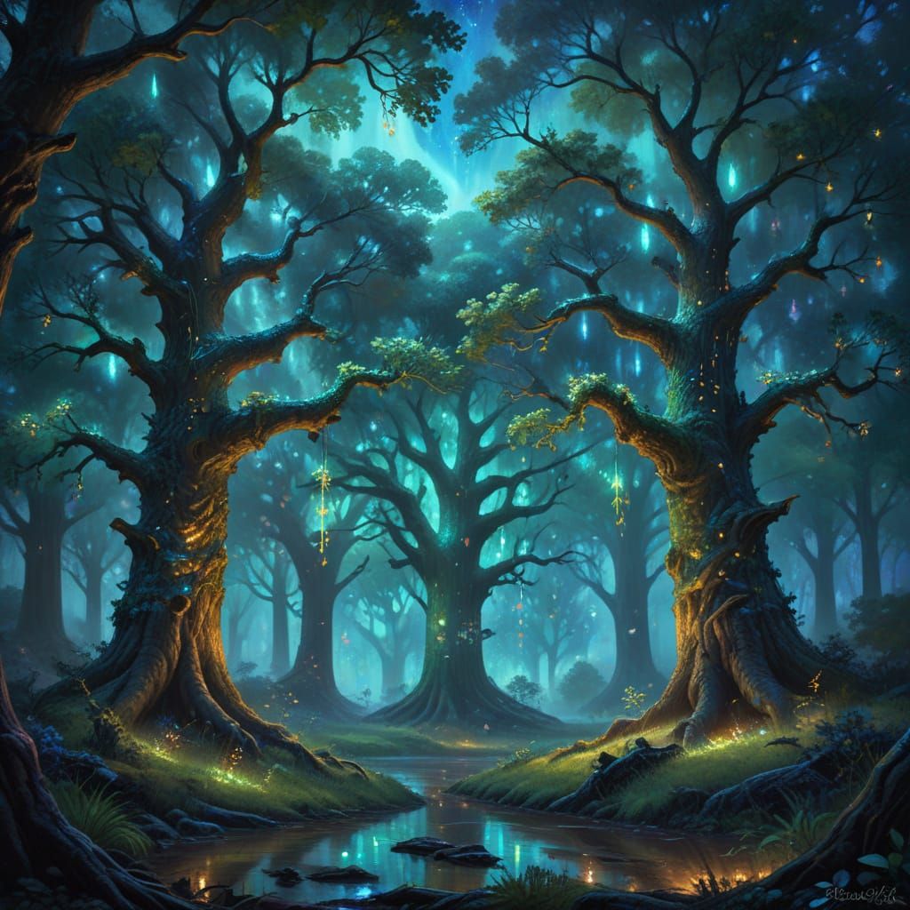 Enchanted Oak Grove with Glowing Emerald Bark