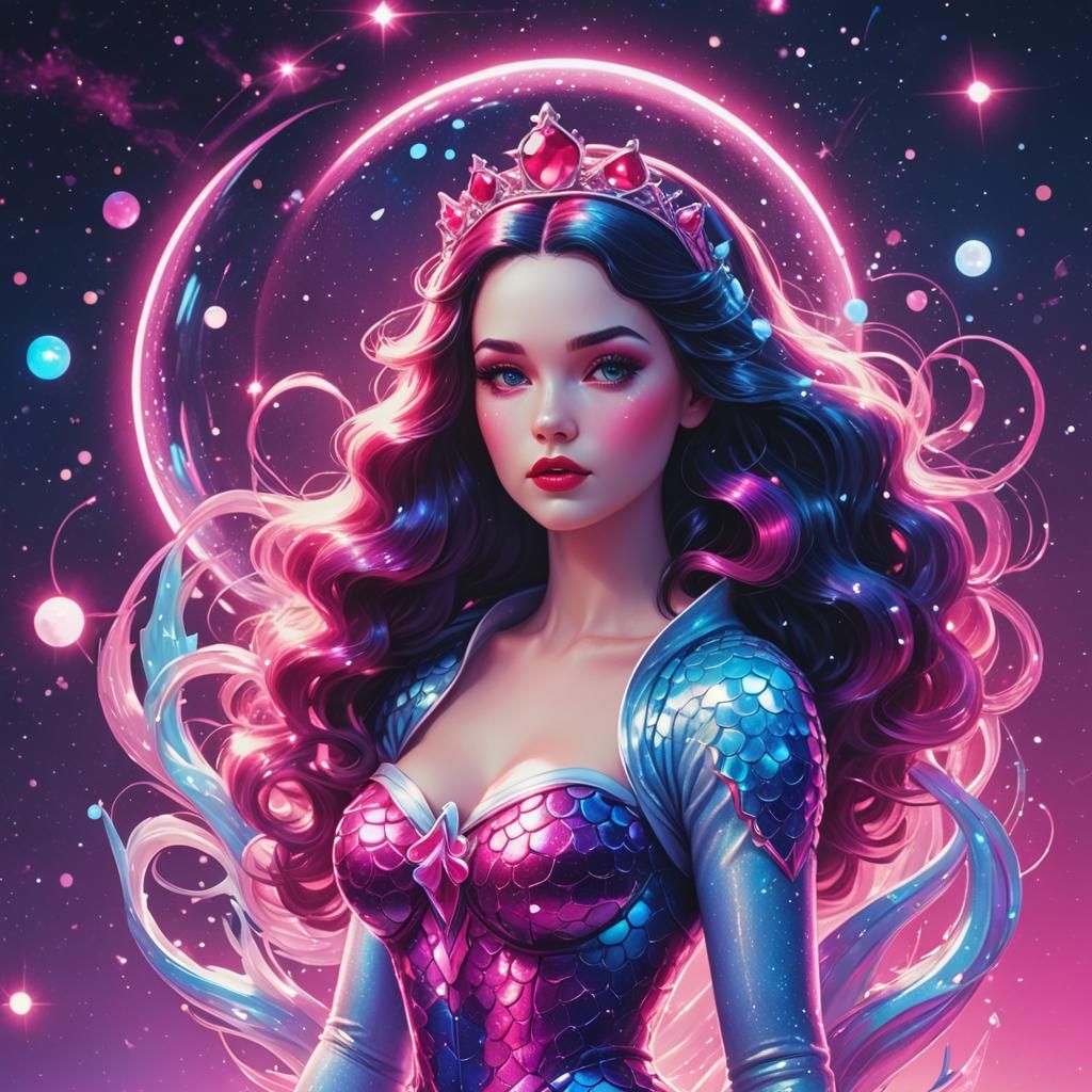 Snow White Space Mermaid in Synthwave Neon