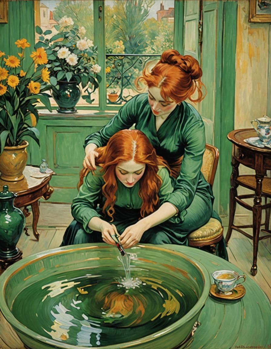 Redhead Woman Brushing Hair in Impressionist Style