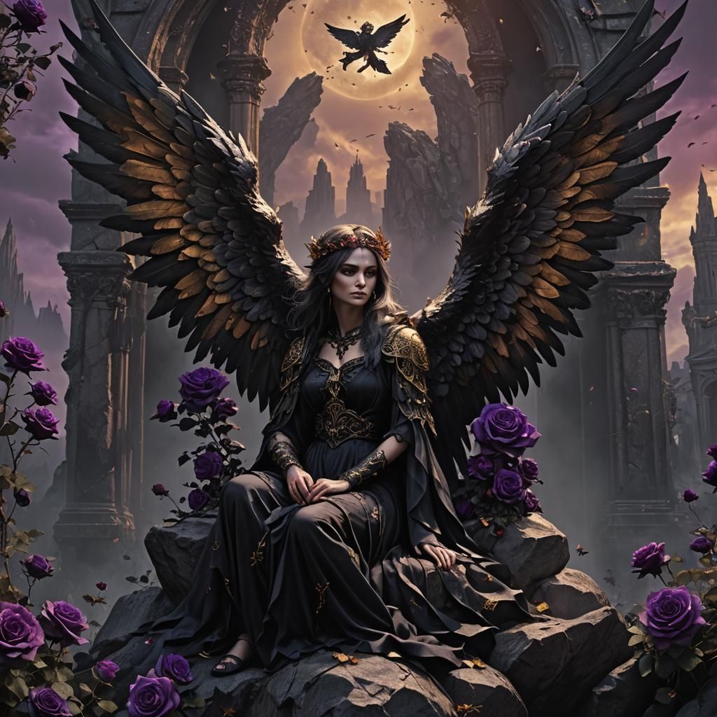 Gothic Angel Surrounded by Black Roses in Dark Fantasy Art