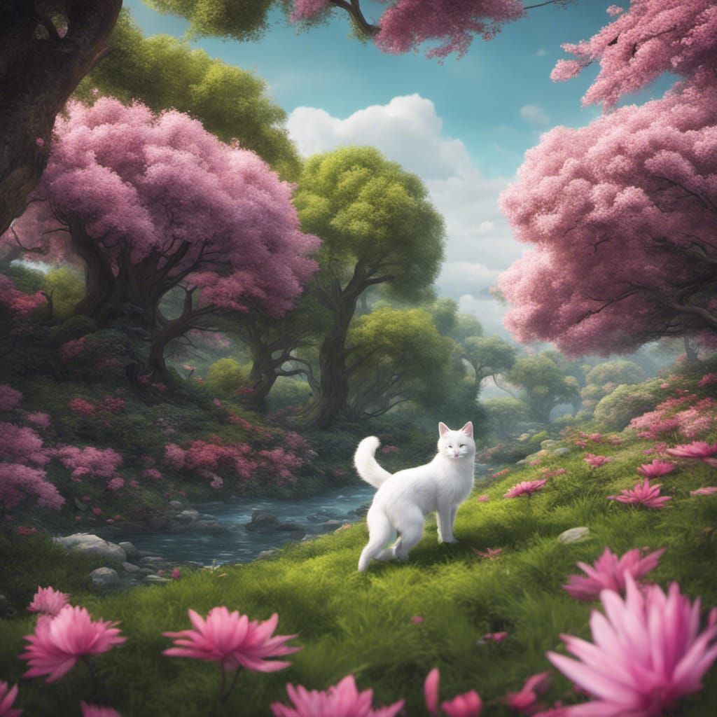 Fantasy River Scene with Cat, Fox and Flowers