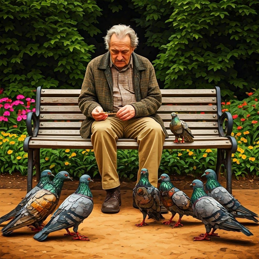 Contemplative Gentleman Feeds Mechanical Pigeons in Serene P...