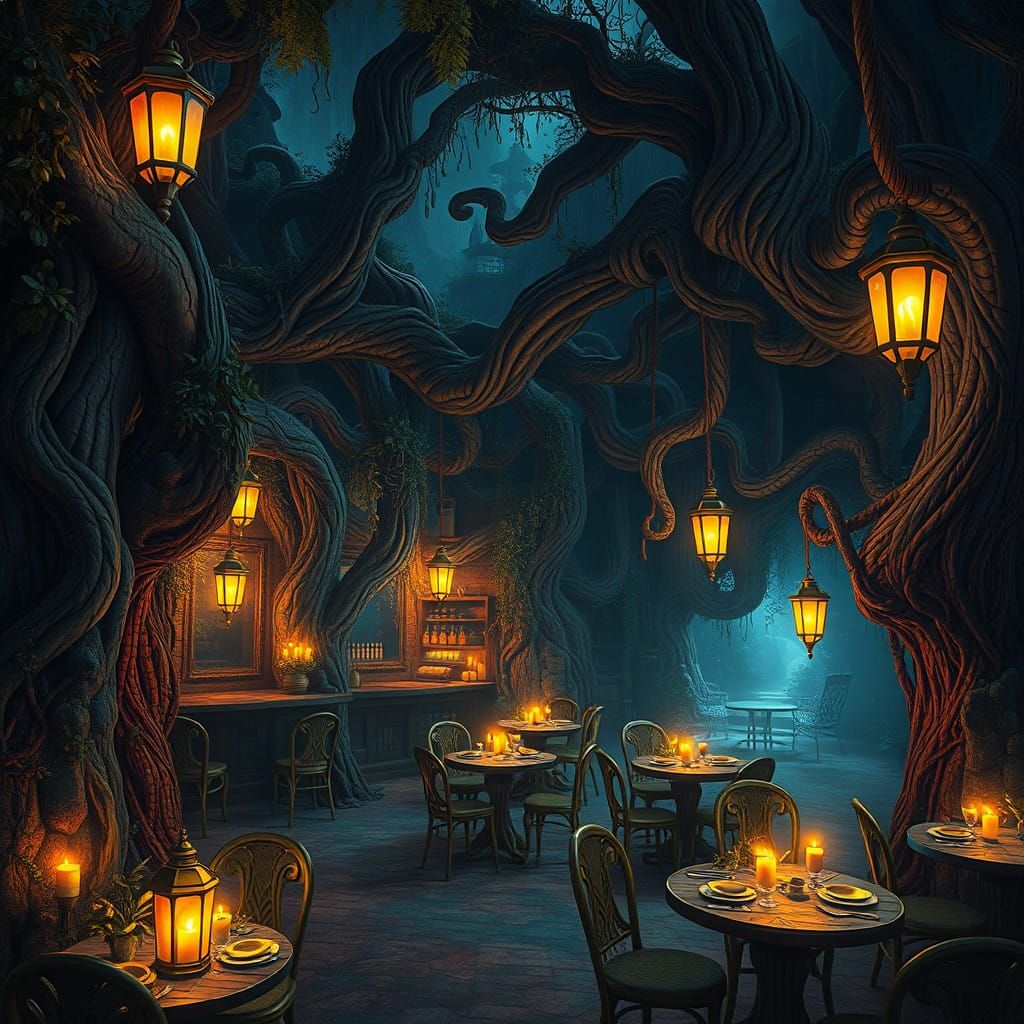 Mystical Night Cafe Amidst Whimsical Foliage