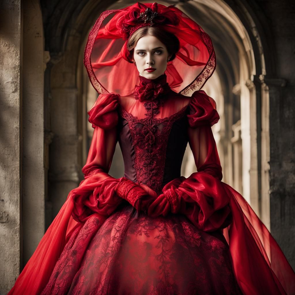 Ethereal Red Queen Fairy in Victorian Mourning Gown