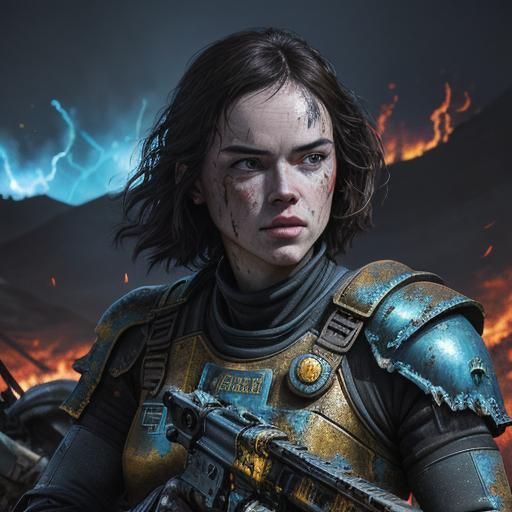 Girl and Armored Dog in Wasteland, Oil Painting