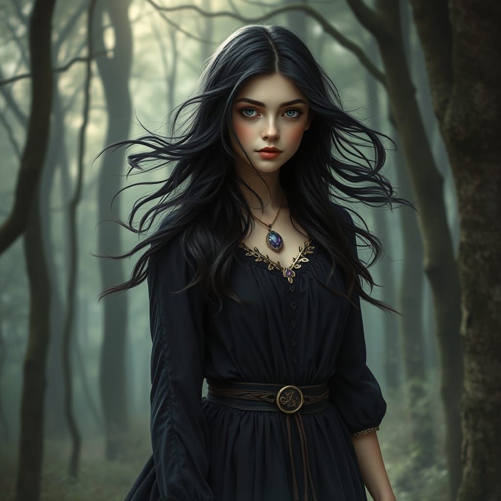Mystical Teen in Dark Forest, Ethereal Fantasy