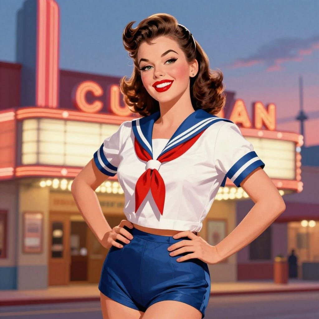 Vintage Pin-Up Girl at Retro Movie Theater