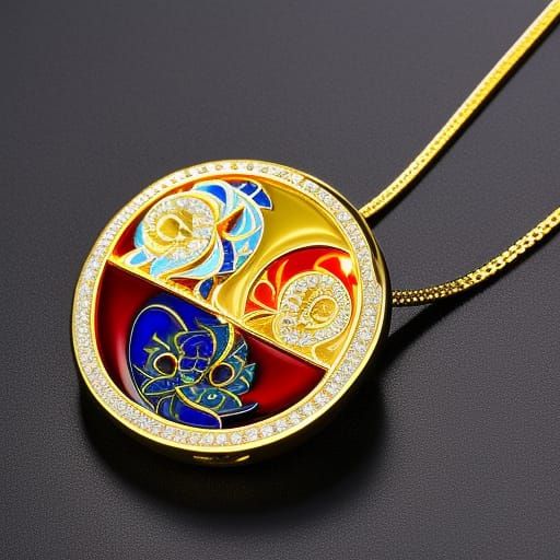 Gold Enameled Pendant, Yin & Yang - Snow & Fire