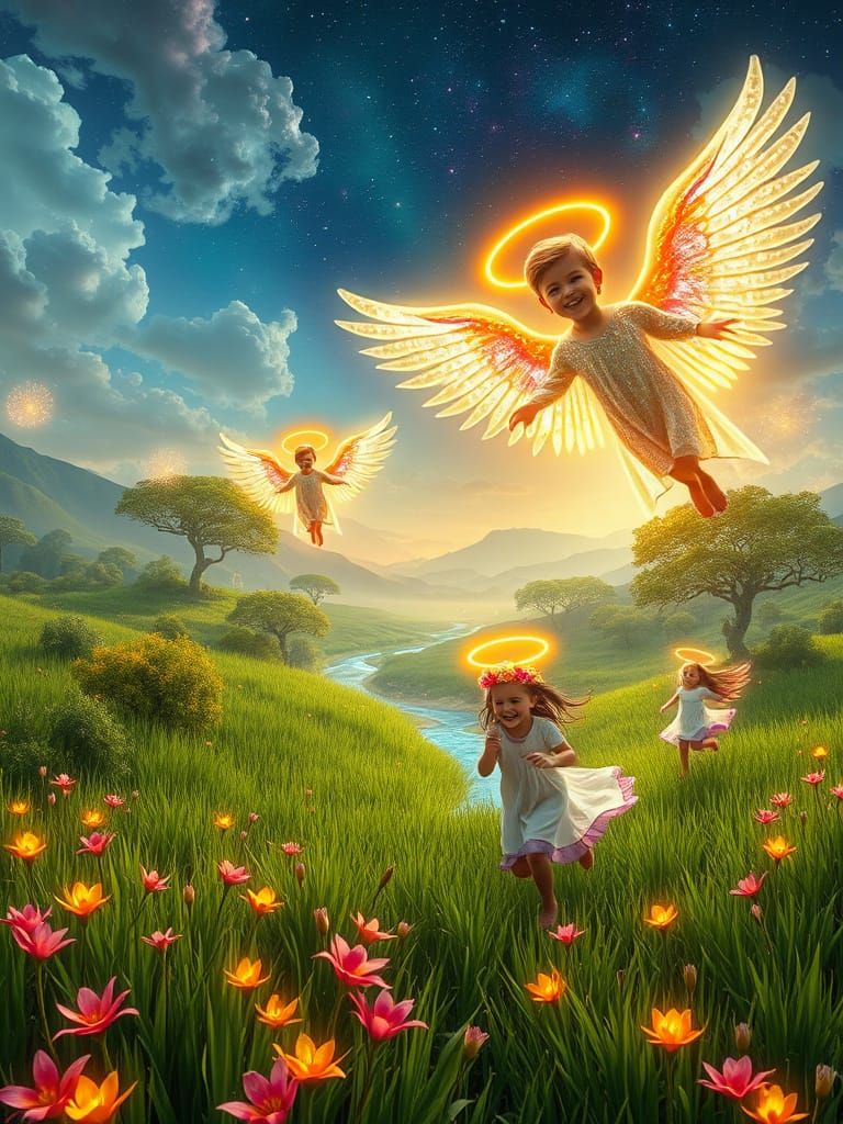 Angelic Beings in Vibrant Cosmic Landscape