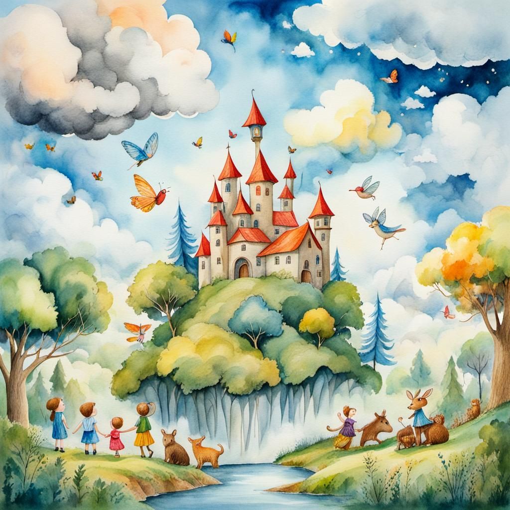 Whimsical Children's Drawing of Fairy-Tale Scene