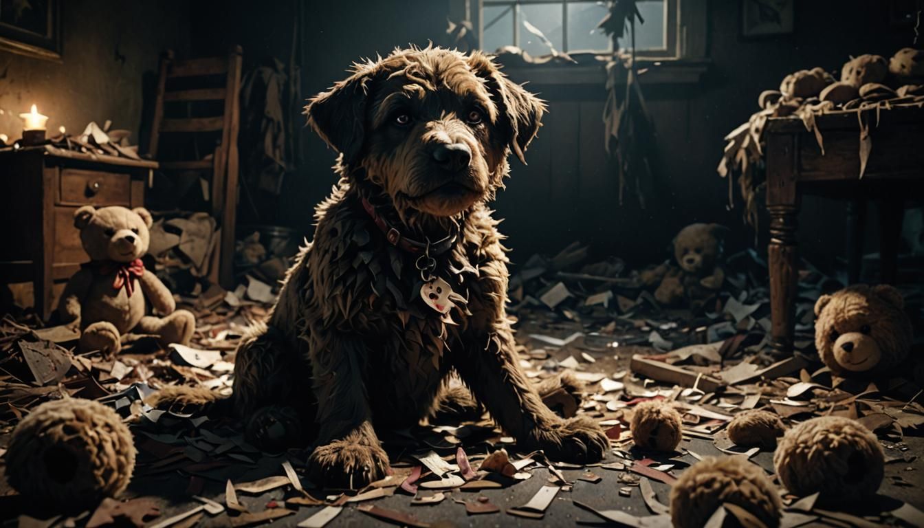 Frightened Dog with Torn Teddy Bear: Horror Art