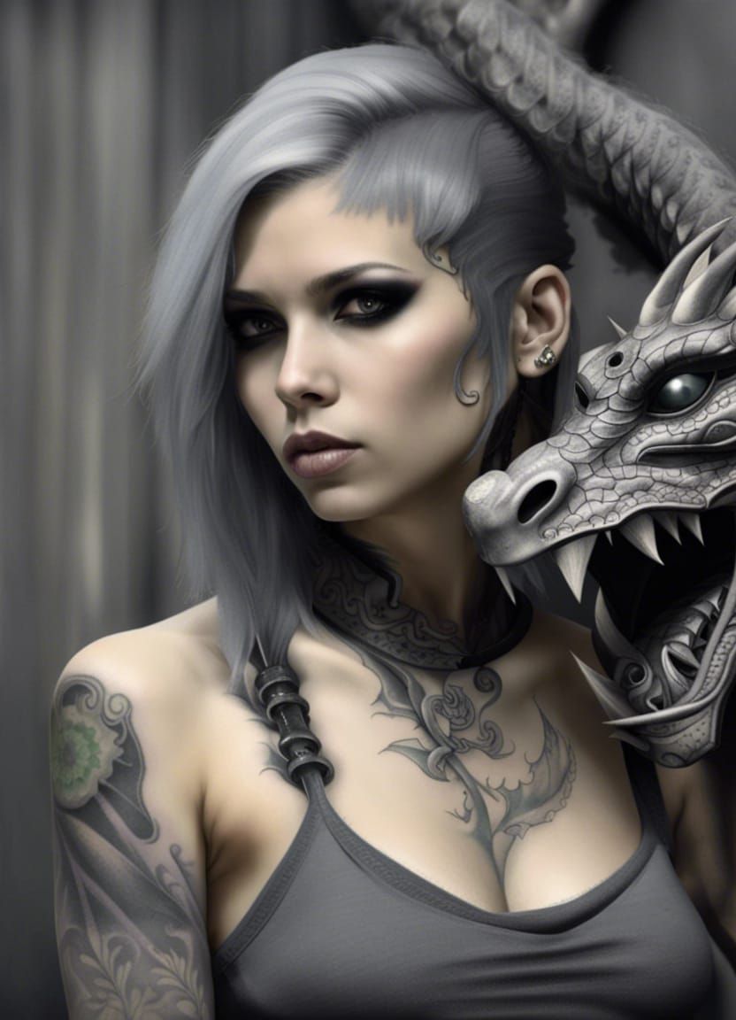 Gothic Woman with Dragon Tattoo in Grey Wash