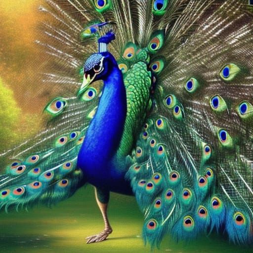 Magnificent Peacock Displaying Iridescent Tail Feathers