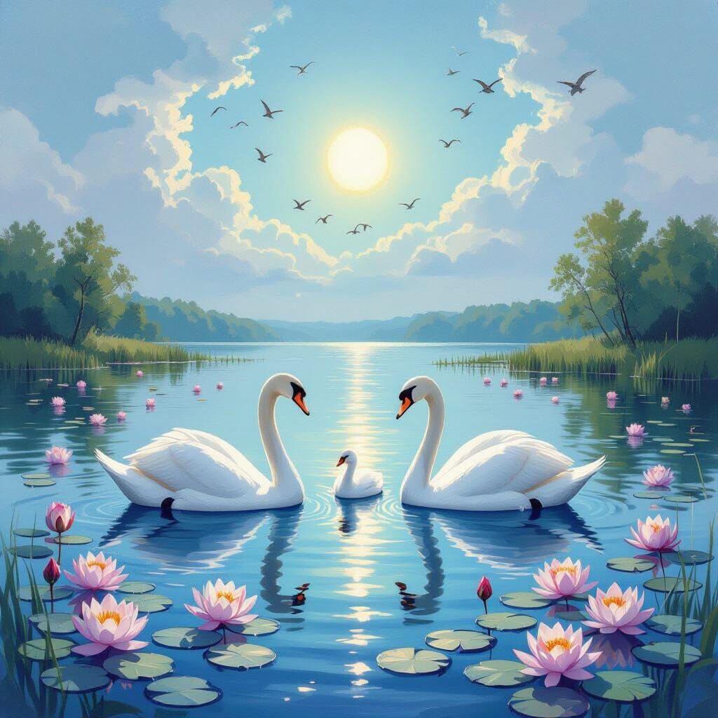 Serene Lake Scene with Swans and Water Lilies