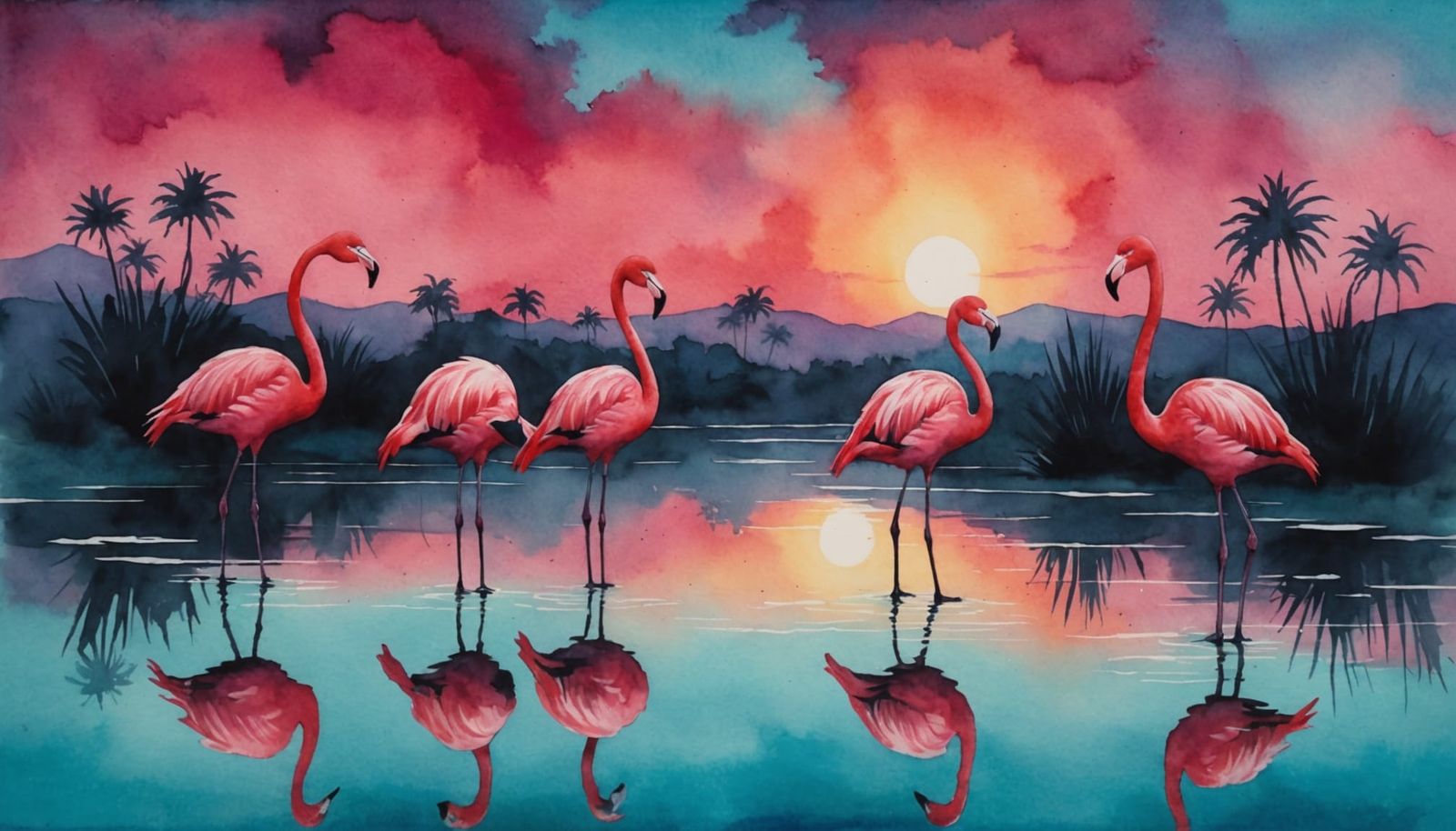 Vibrant Sunset Flamingos in Watercolor