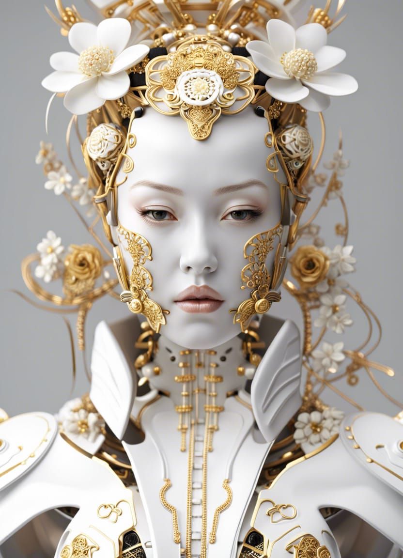 Porcelain Cyborg Geisha in Luxurious Cyberpunk Style