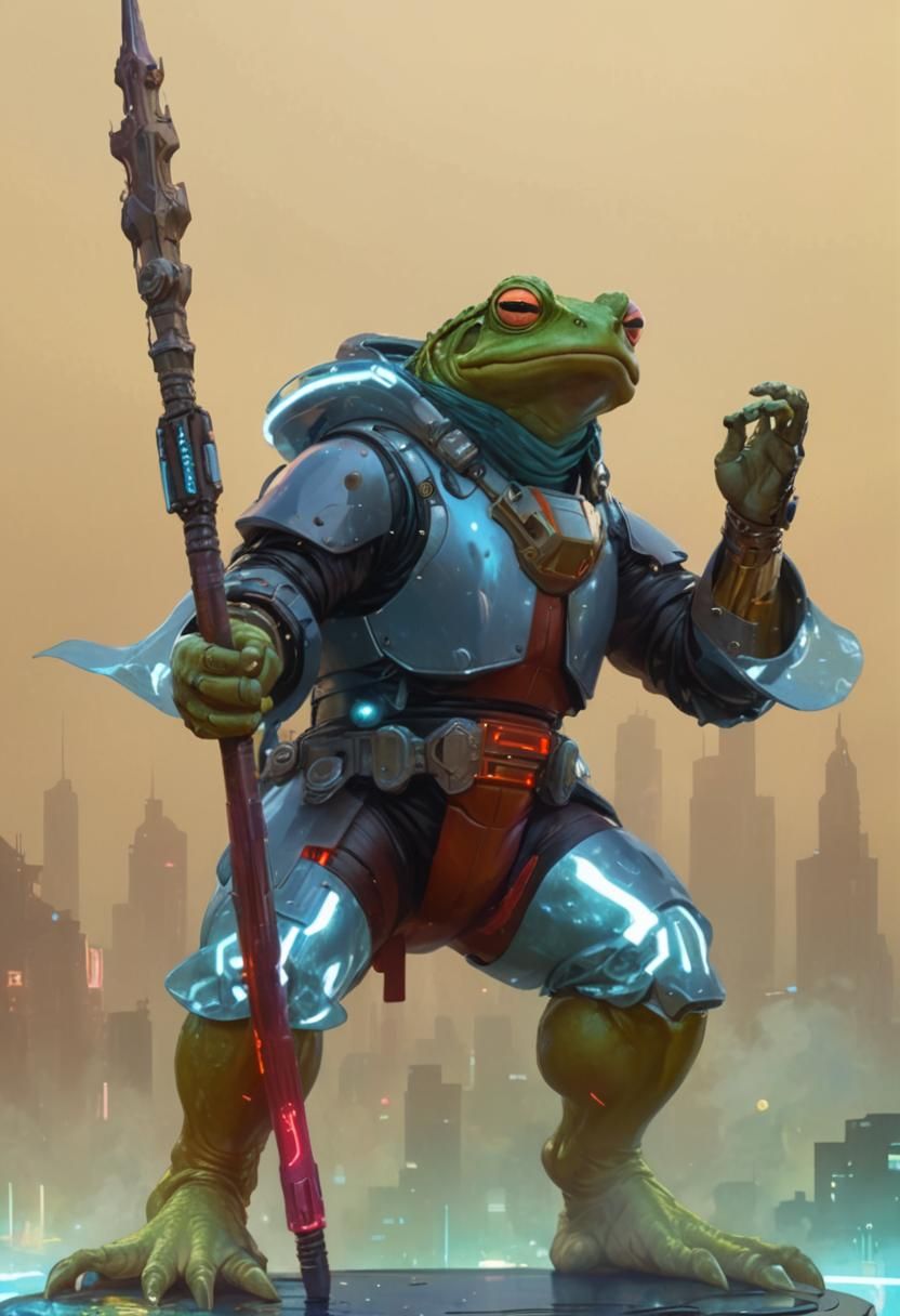Cyberpunk Battle Toad Wizard in Neon Cityscape