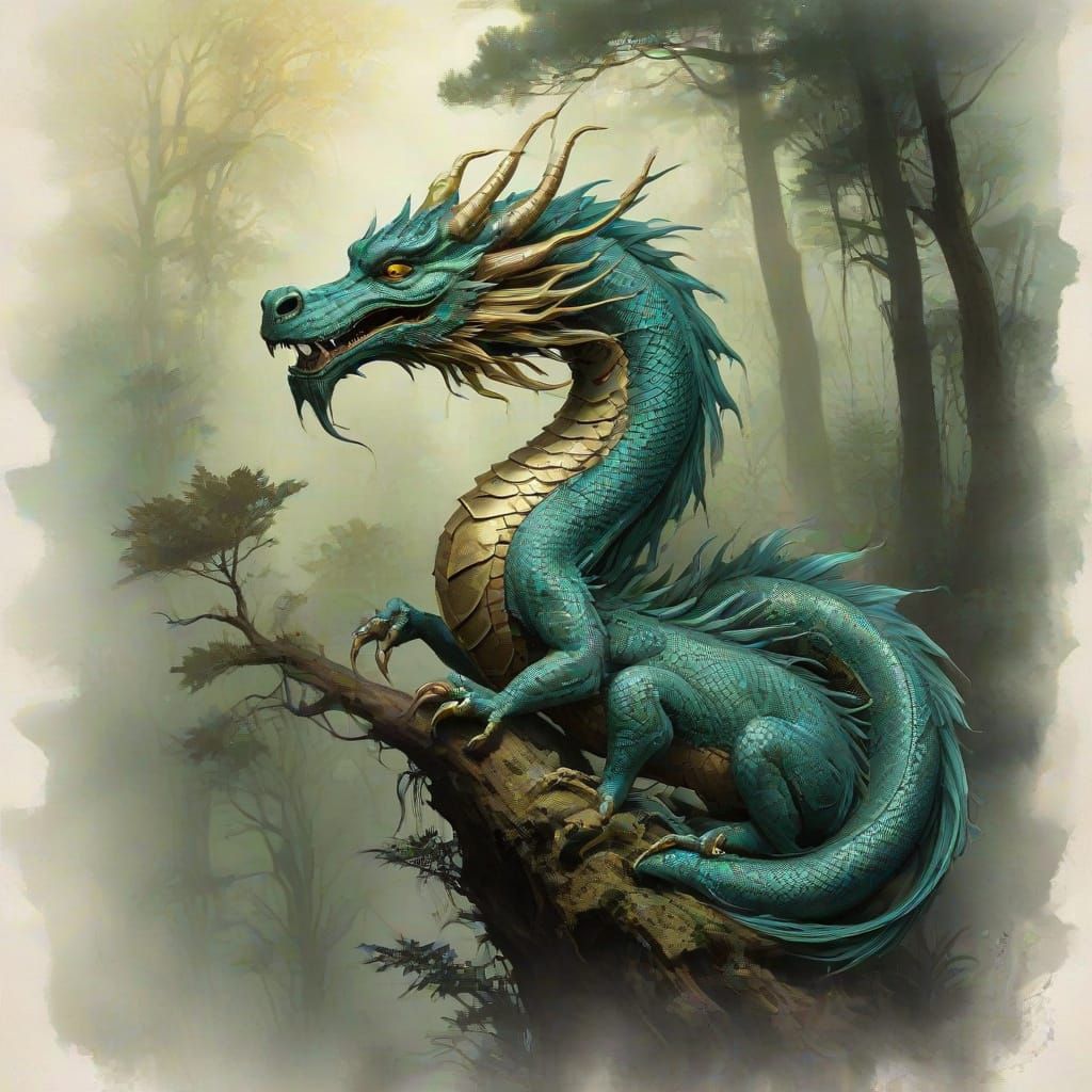 Ethereal Chinese Dragon in a Misty Watercolor Landscape