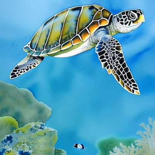 Sea Turtle in Great Barrier Reef: Watercolour Painting
