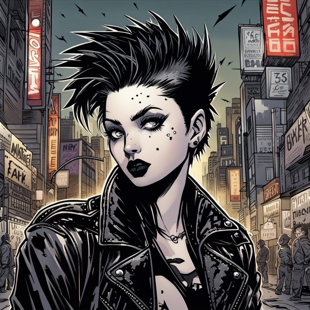 Monochrome Punk Rock Comic Art in City Street