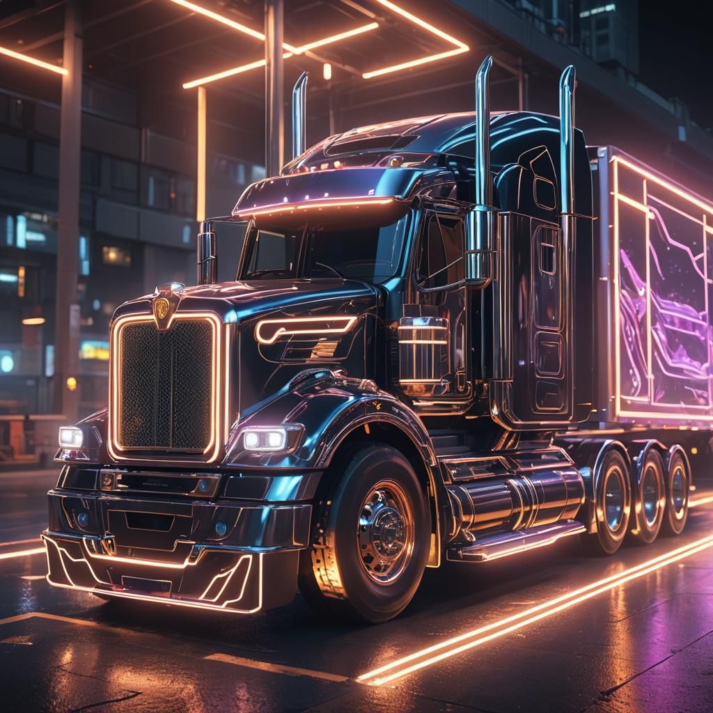 Neon Semi Truck in Futuristic Sci-Fi City